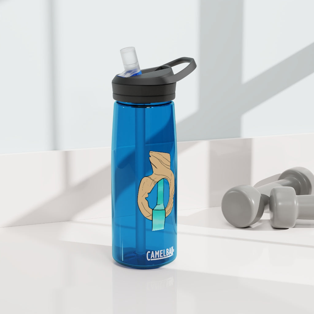 CamelBak Eddy® Water Bottle in Rock with Water design, available in 20oz and 25oz sizes, featuring a spill-proof biting valve and easy-carry handle.